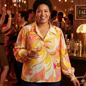 Flying Tomato Womens Plus 1X Psychedelic Swirl Balloon Sleeve Blouse Pink Orange